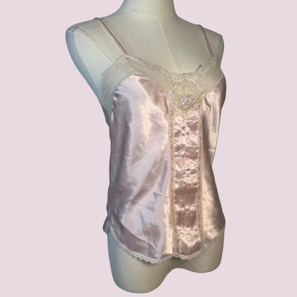 Vintage 80s Indulgence Pink Satin Lace Camisole Top Regency Victorian Coquette - Picture 10 of 10